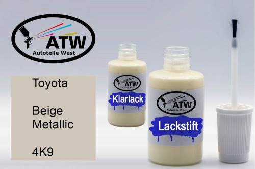 Toyota, Beige Metallic, 4K9: 20ml Lackstift + 20ml Klarlack - Set, von ATW Autoteile West.